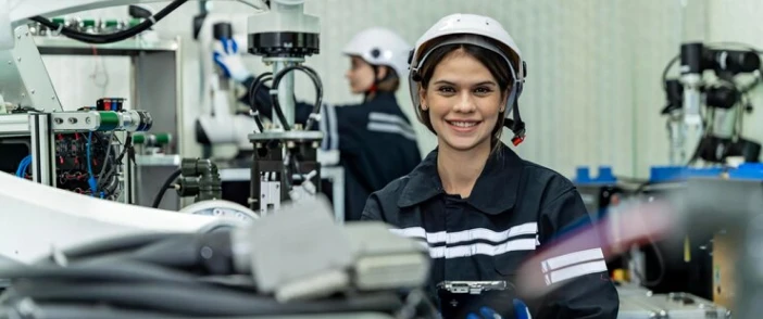 A technician wearing a safety helmet at a robotic automotive assembly workstation