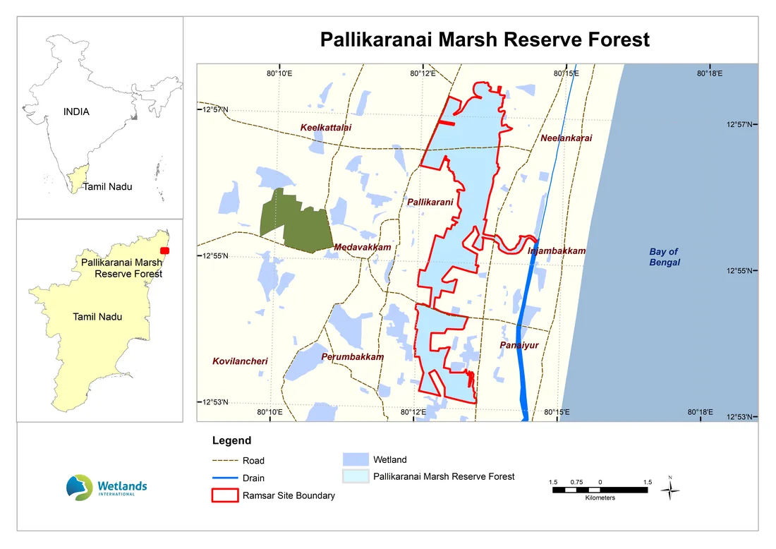 Official Ramsar site boundary map of Pallikaranai Marsh Reserve Forest showing adjoining localities
